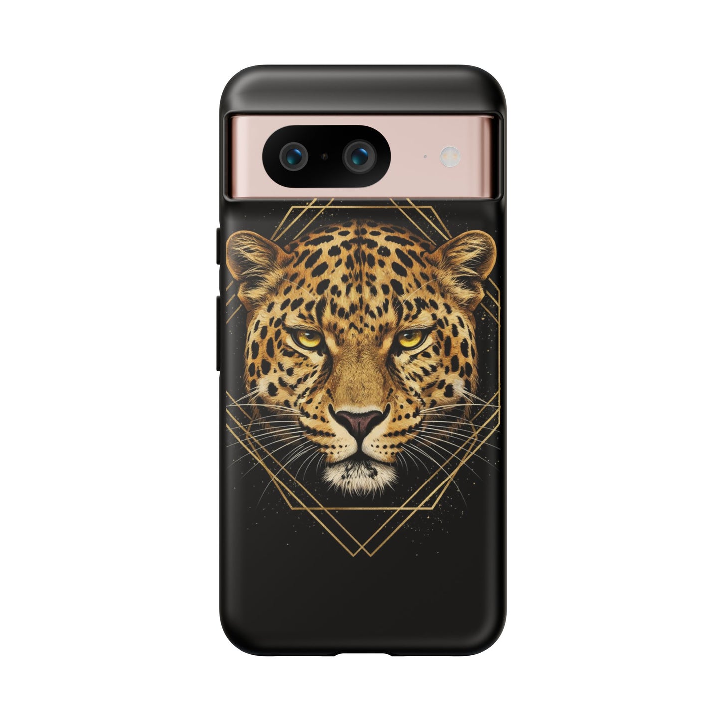 Leopard Head Geometric Phone Case – Black & Gold Luxe Tough Case