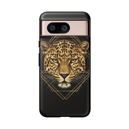 Leopard Head Geometric Phone Case – Black & Gold Luxe Tough Case