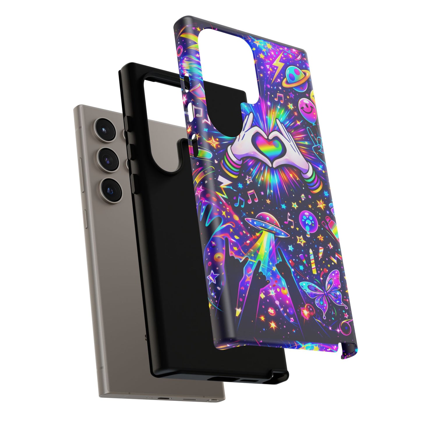 Rainbow Heart Hands Phone Case – Neon Galaxy EDM Festival Tough Cover