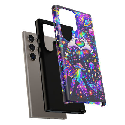 Rainbow Heart Hands Phone Case – Neon Galaxy EDM Festival Tough Cover