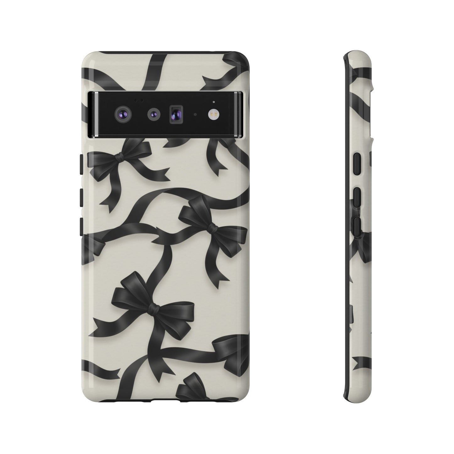 Black Ribbon Bow Phone Case, Minimal Bow Pattern Tough Protective Case