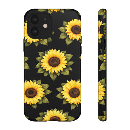 Sunflower Floral Tough Phone Case – Black Background Protective Cover for Iphone, Samsung Galaxy and Pixel