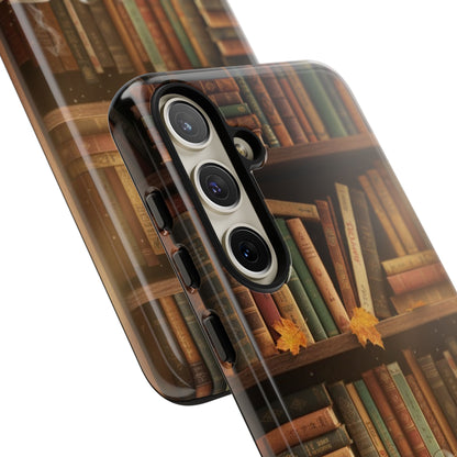 Cozy Vintage Bookshelf Phone Case, Library Aesthetic Book Stack, Autumn Coffee Vibes (iPhone, Samsung, Pixel)