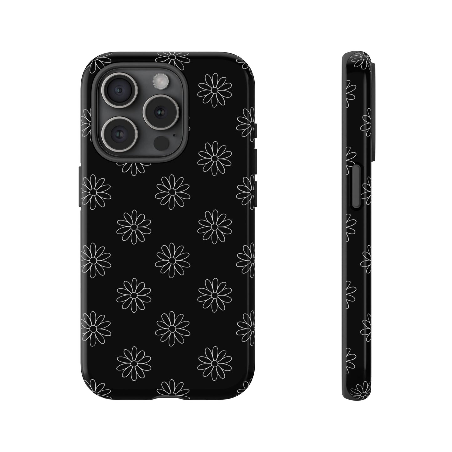 Black Daisy Floral Phone Case – Slim Protective Tough Case for Iphone, Samsung Galaxy and Pixel