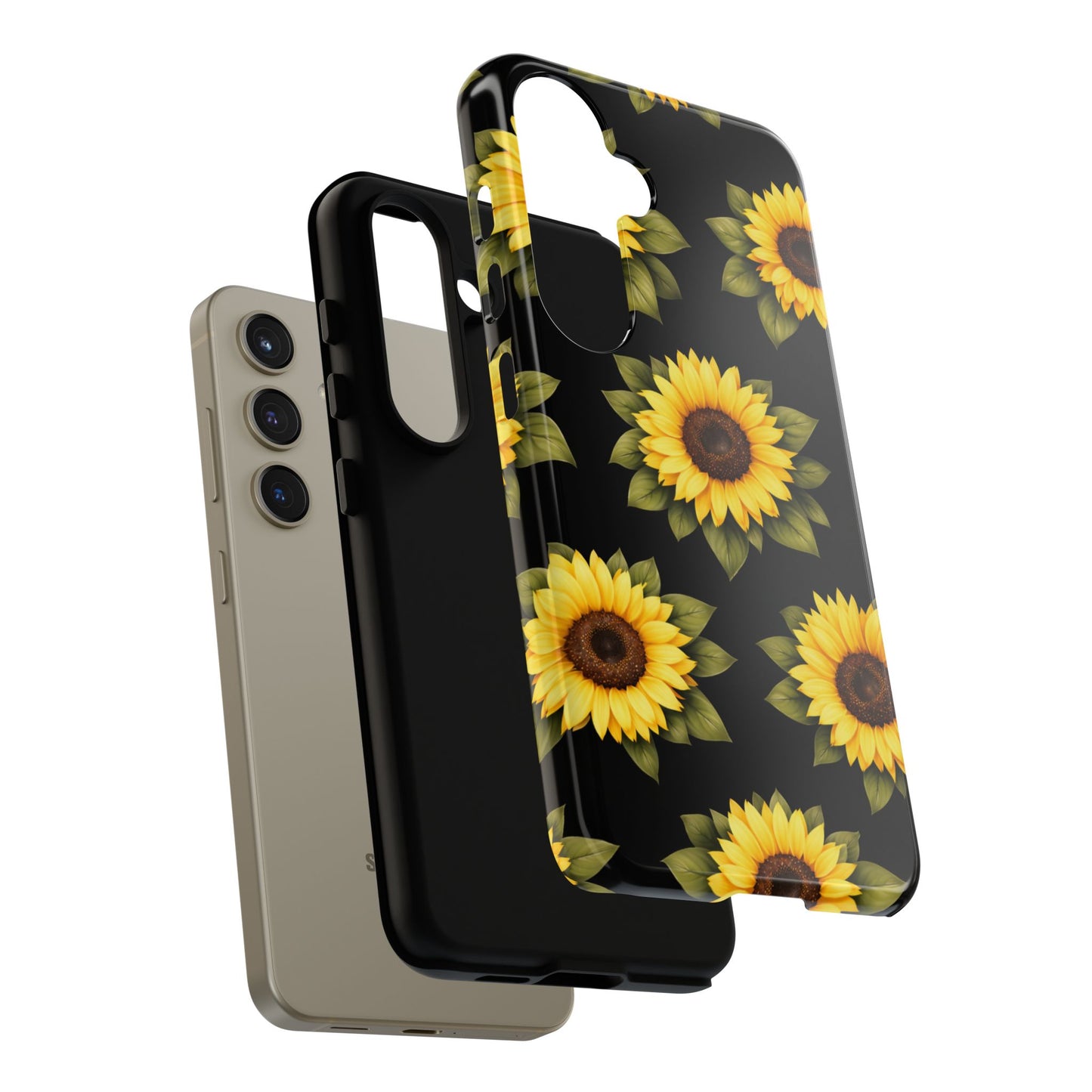 Sunflower Floral Tough Phone Case – Black Background Protective Cover for Iphone, Samsung Galaxy and Pixel