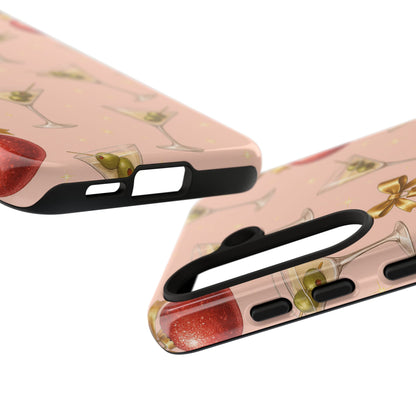 Cocktail Ornament Phone Case – Pink Martini & Cherry Pattern | Glossy or Matte for Iphone, Samsung Galaxy and Pixel