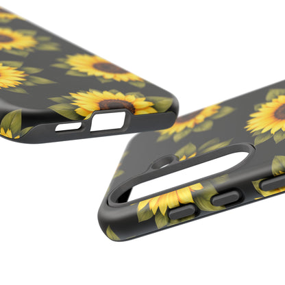 Sunflower Floral Tough Phone Case – Black Background Protective Cover for Iphone, Samsung Galaxy and Pixel