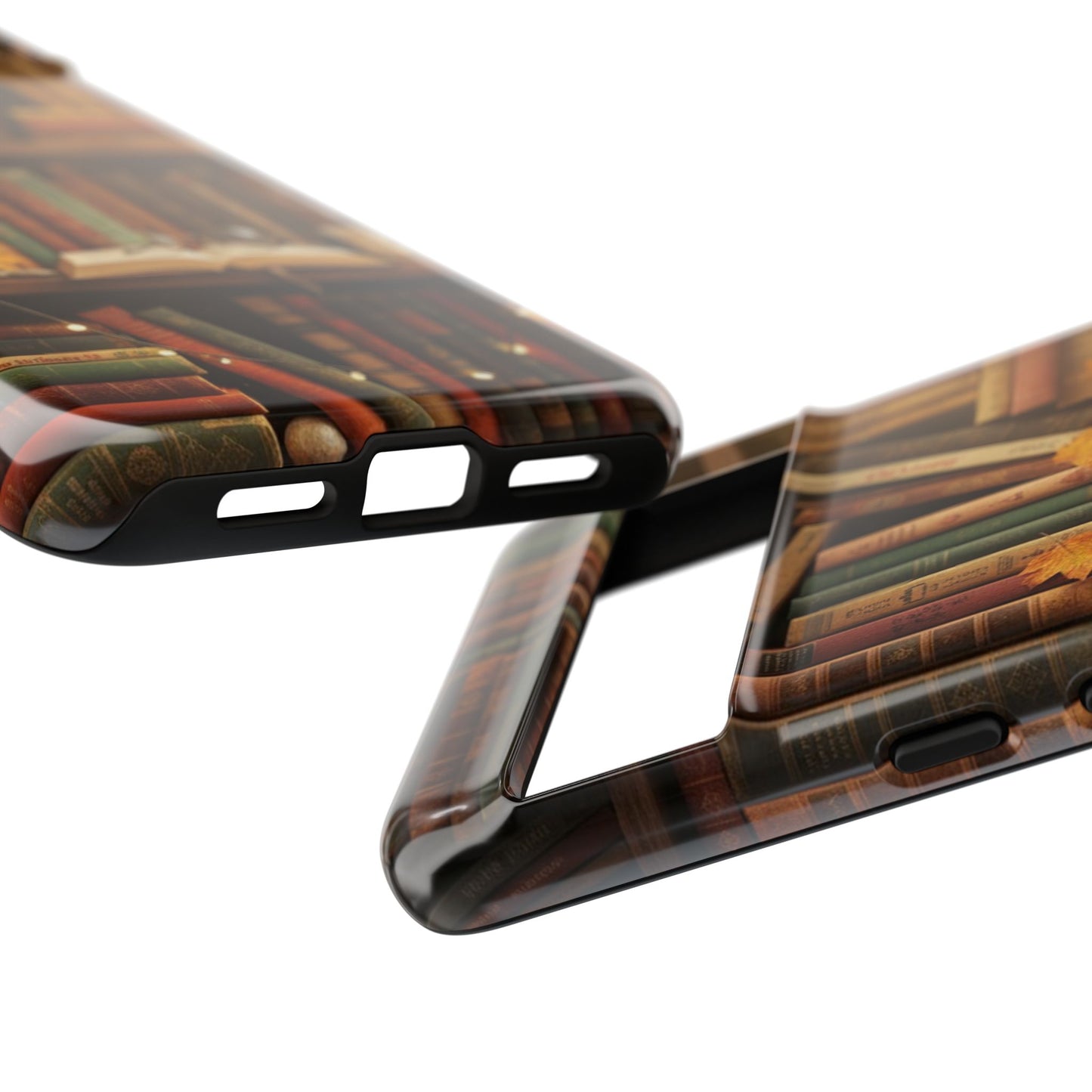 Cozy Vintage Bookshelf Phone Case, Library Aesthetic Book Stack, Autumn Coffee Vibes (iPhone, Samsung, Pixel)