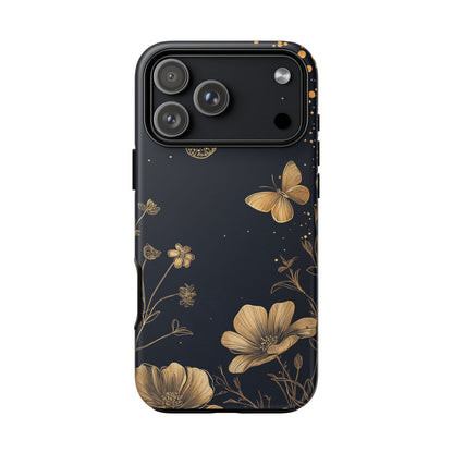 Gold Floral Butterfly Phone Case, Dark Aesthetic Botanical, Elegant Black Luxury iPhone Samsung Cover
