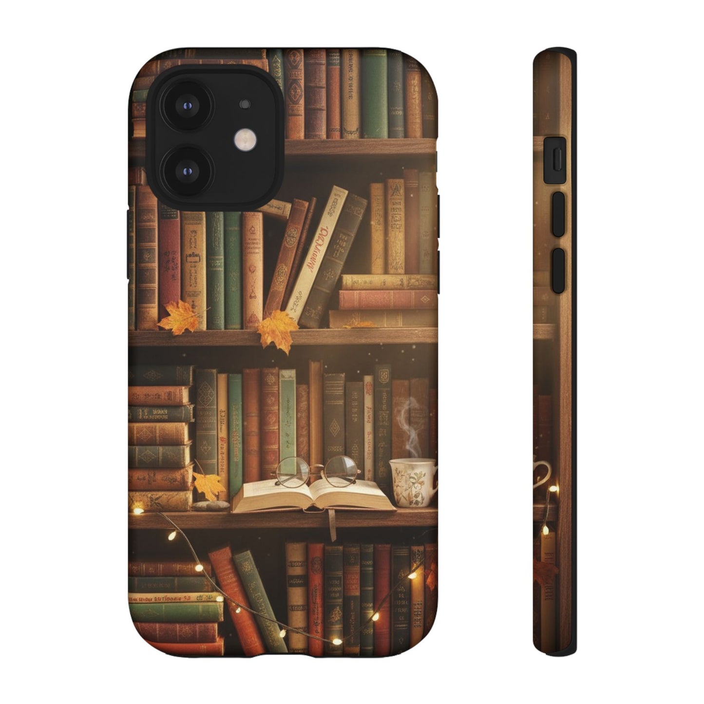 Cozy Vintage Bookshelf Phone Case, Library Aesthetic Book Stack, Autumn Coffee Vibes (iPhone, Samsung, Pixel)