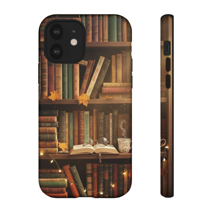 Cozy Vintage Bookshelf Phone Case, Library Aesthetic Book Stack, Autumn Coffee Vibes (iPhone, Samsung, Pixel)