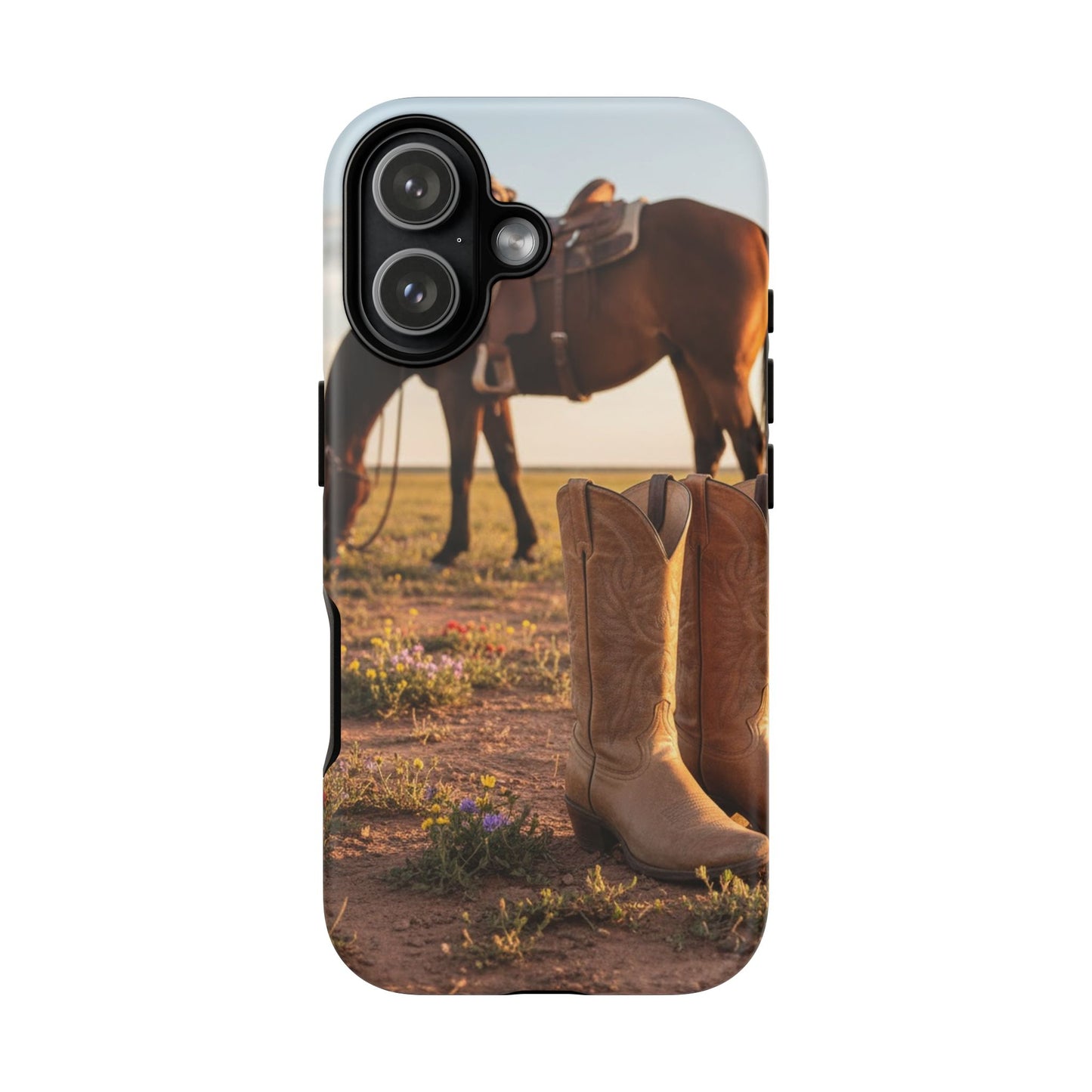 Western Cowboy Boots Phone Case – Rustic Horse Sunset Tough Case (iPhone, Samsung, Pixel)