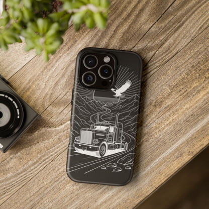 Trucker Highway Phone Case | Eagle & Mountain Line Art | Black Western Tough Case