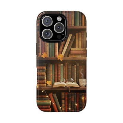 Cozy Vintage Bookshelf Phone Case, Library Aesthetic Book Stack, Autumn Coffee Vibes (iPhone, Samsung, Pixel)