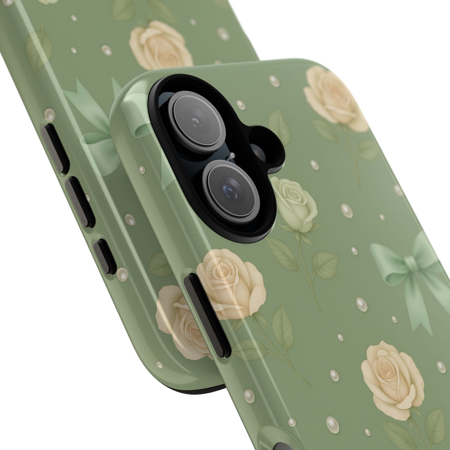 Vintage Rose Bow Phone Case – Sage Green Floral Coquette Aesthetic Tough Case (iPhone, Samsung, Pixel)