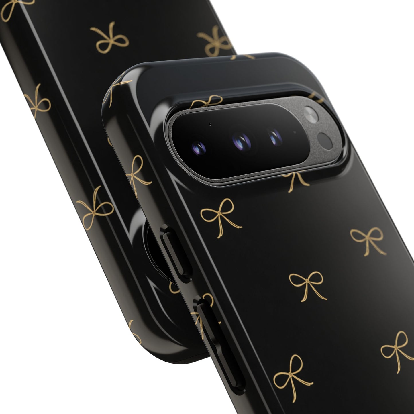 Black Phone Case with Gold Bow Pattern – Slim Protective Cute Aesthetic Cover for Iphone, Samsung Galaxy and Pixel