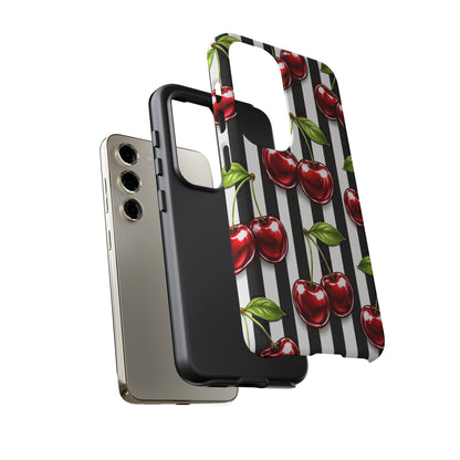 Cherry Pattern Phone Case Black White Stripe Retro Aesthetic Tough Cover