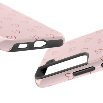 Pink Doodle Hearts Phone Case | Minimal Cute Heart Pattern Tough Case