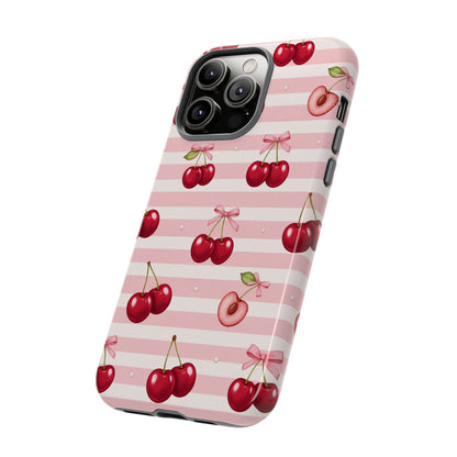Coquette Cherry Bow Phone Case | Cute Pink Aesthetic Cherry Pattern Tough Case for iPhone & Samsung