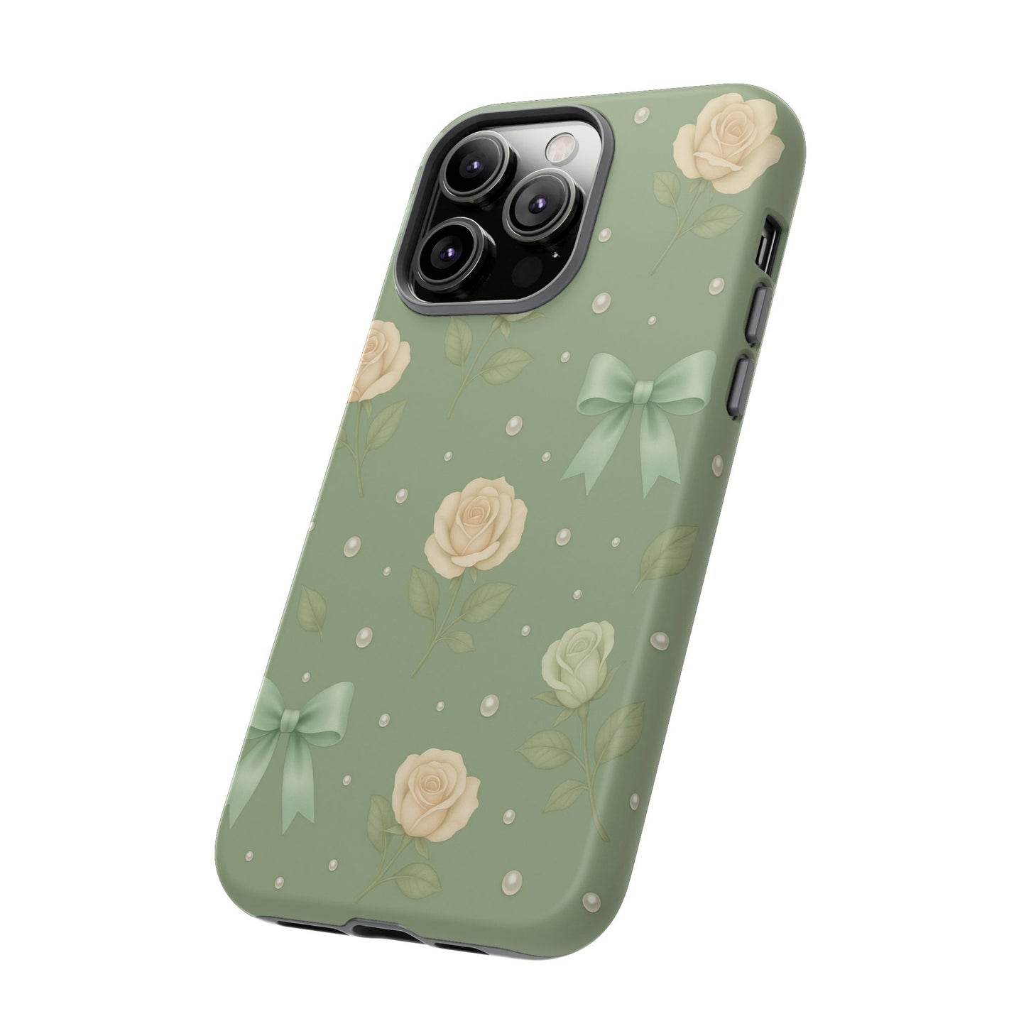 Vintage Rose Bow Phone Case – Sage Green Floral Coquette Aesthetic Tough Case (iPhone, Samsung, Pixel)