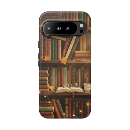 Cozy Vintage Bookshelf Phone Case, Library Aesthetic Book Stack, Autumn Coffee Vibes (iPhone, Samsung, Pixel)