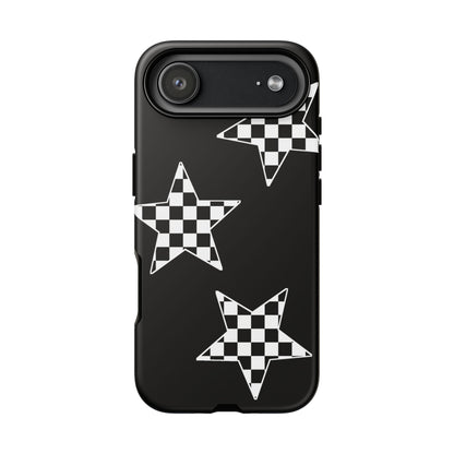 Checkered Star Tough Phone Case – Black Retro Graphic Protective Cover for Iphone, Samsung Galaxy and Pixel