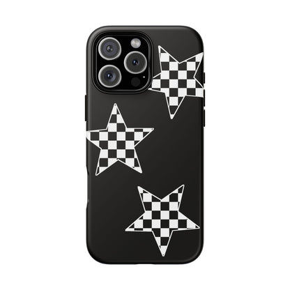 Checkered Star Tough Phone Case – Black Retro Graphic Protective Cover for Iphone, Samsung Galaxy and Pixel
