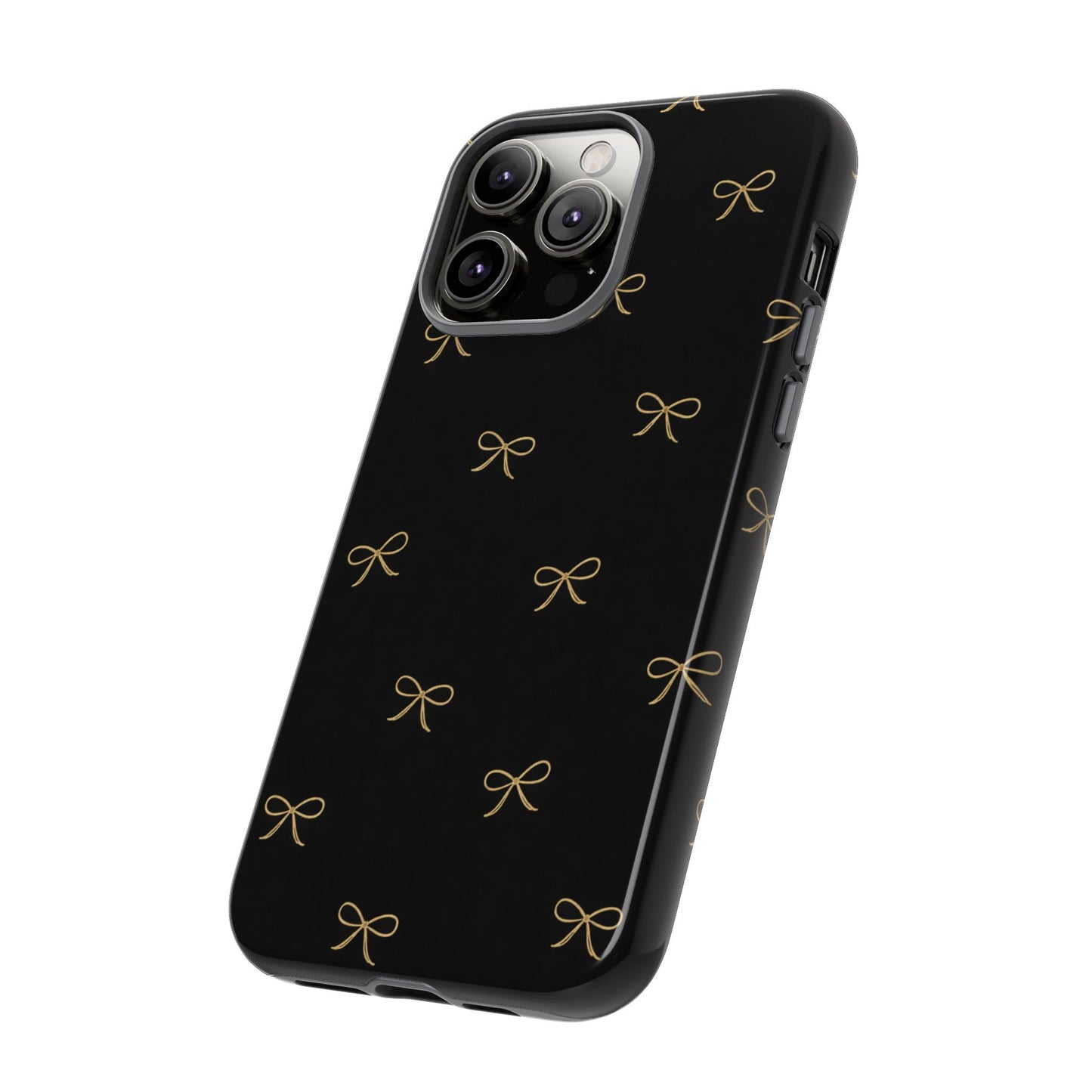 Black Phone Case with Gold Bow Pattern – Slim Protective Cute Aesthetic Cover for Iphone, Samsung Galaxy and Pixel