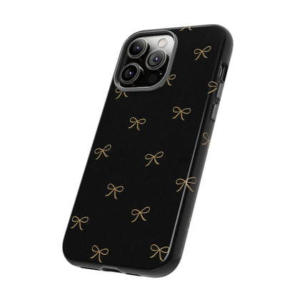 Black Phone Case with Gold Bow Pattern – Slim Protective Cute Aesthetic Cover for Iphone, Samsung Galaxy and Pixel
