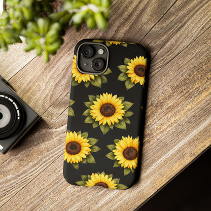 Sunflower Floral Tough Phone Case – Black Background Protective Cover for Iphone, Samsung Galaxy and Pixel