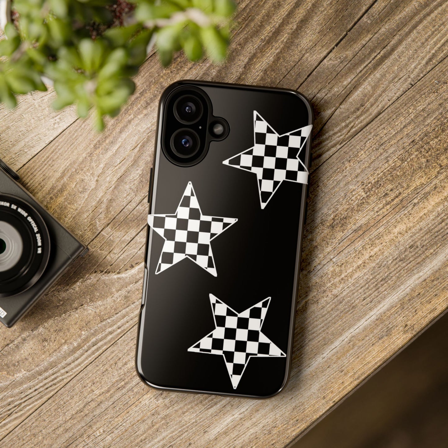 Checkered Star Tough Phone Case – Black Retro Graphic Protective Cover for Iphone, Samsung Galaxy and Pixel