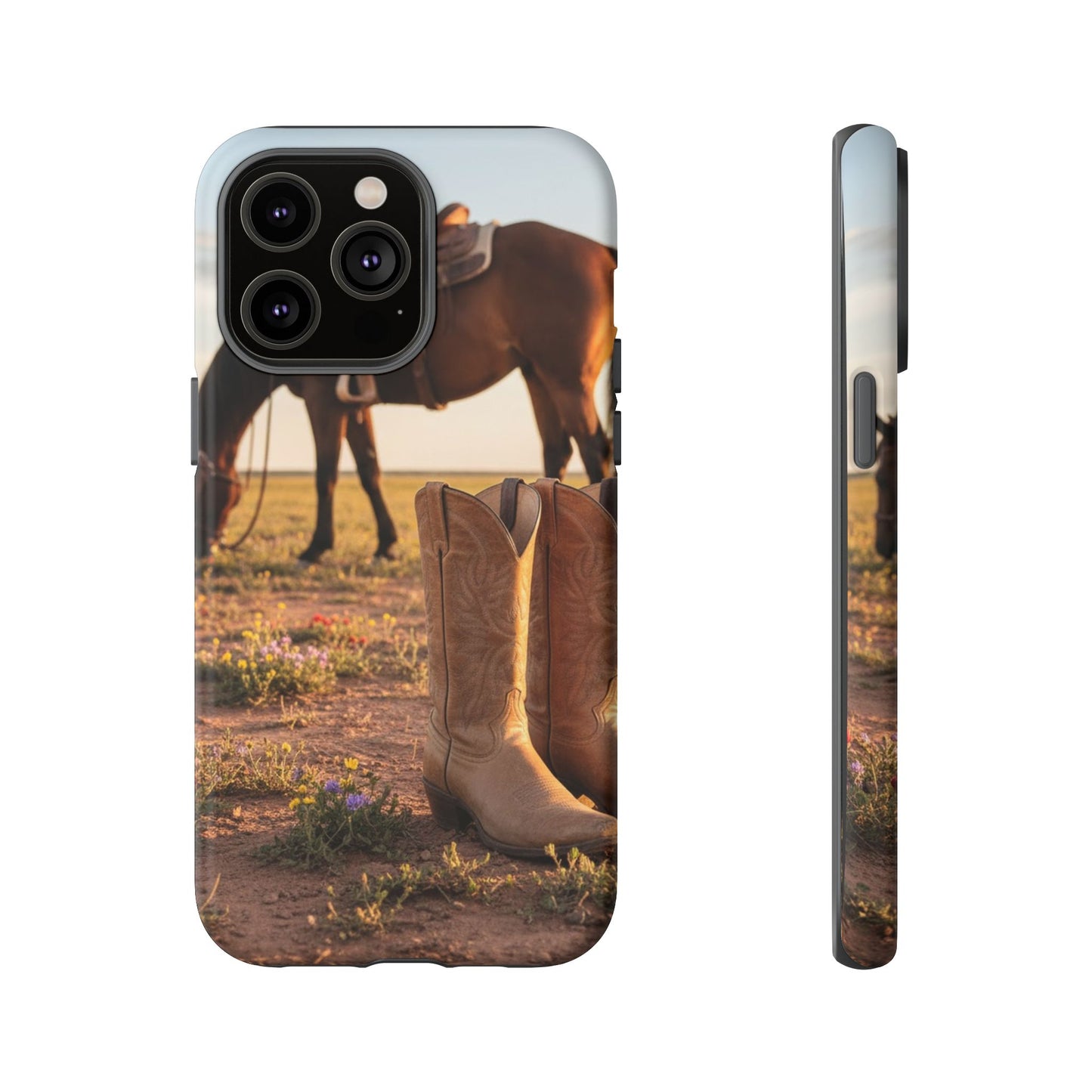 Western Cowboy Boots Phone Case – Rustic Horse Sunset Tough Case (iPhone, Samsung, Pixel)