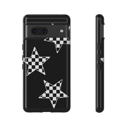 Checkered Star Tough Phone Case – Black Retro Graphic Protective Cover for Iphone, Samsung Galaxy and Pixel