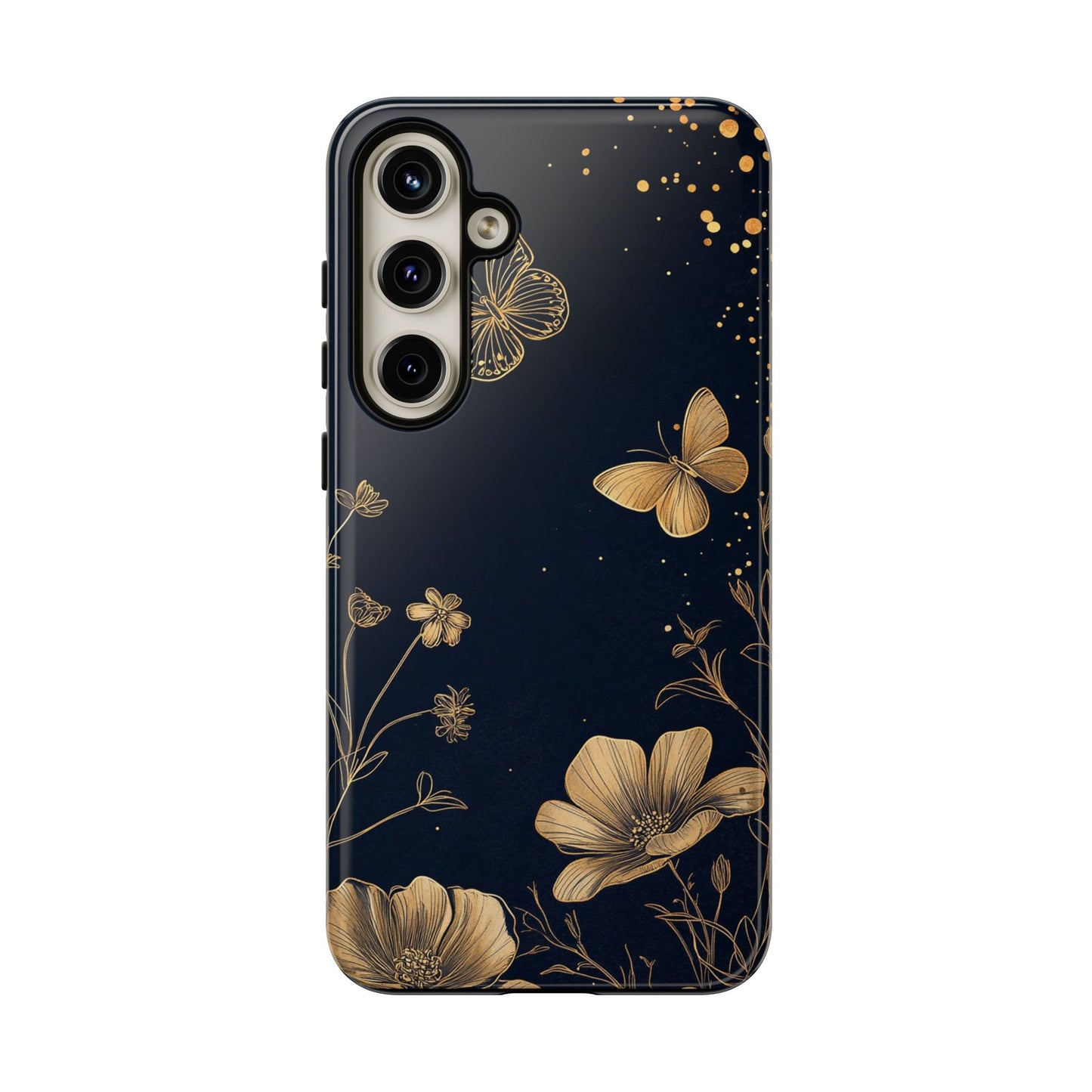 Gold Floral Butterfly Phone Case, Dark Aesthetic Botanical, Elegant Black Luxury iPhone Samsung Cover