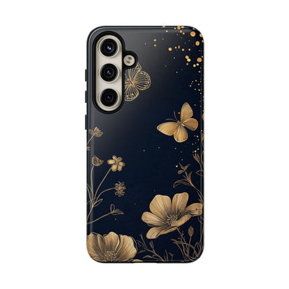 Gold Floral Butterfly Phone Case, Dark Aesthetic Botanical, Elegant Black Luxury iPhone Samsung Cover