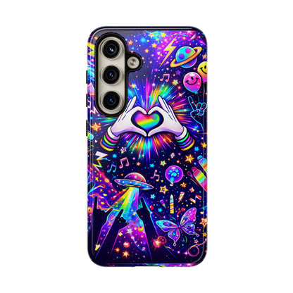 Rainbow Heart Hands Phone Case – Neon Galaxy EDM Festival Tough Cover