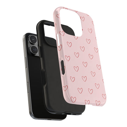 Pink Doodle Hearts Phone Case | Minimal Cute Heart Pattern Tough Case