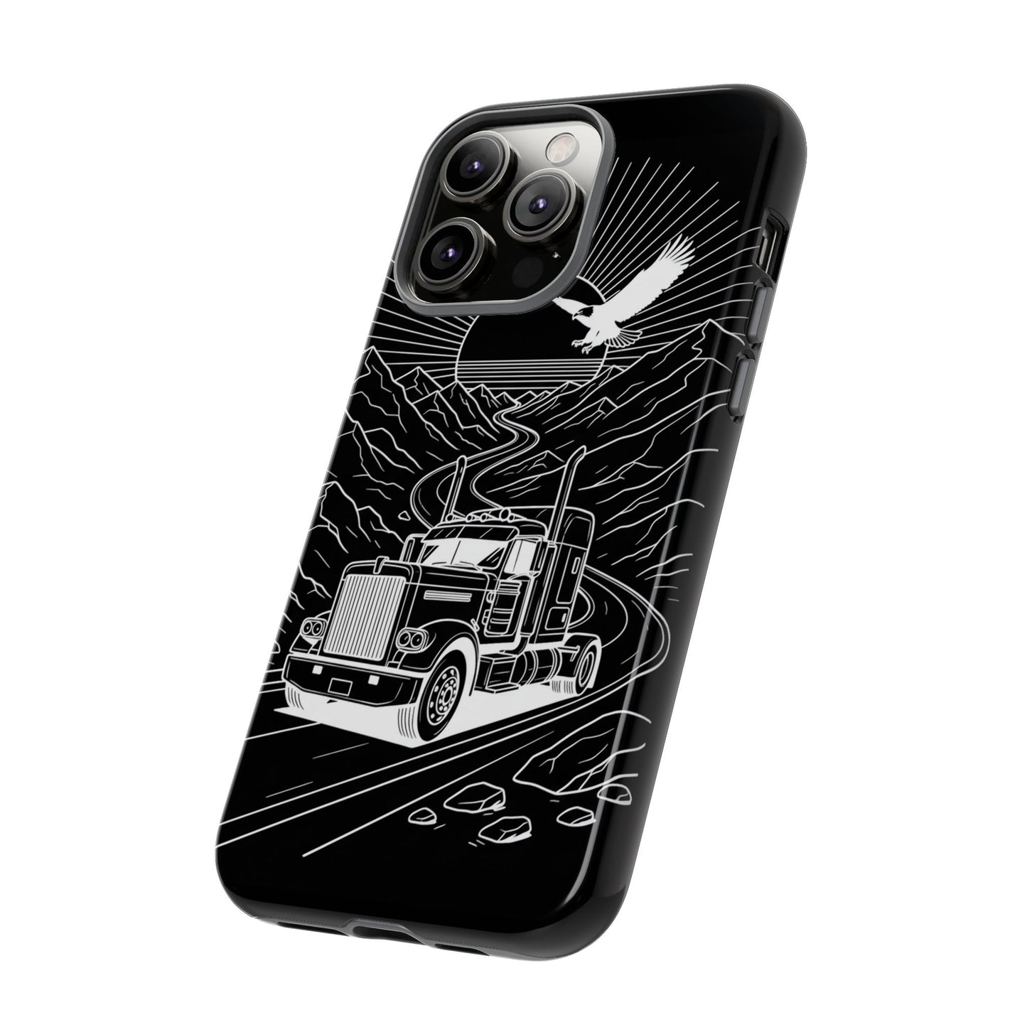 Trucker Highway Phone Case | Eagle & Mountain Line Art | Black Western Tough Case
