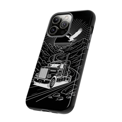 Trucker Highway Phone Case | Eagle & Mountain Line Art | Black Western Tough Case