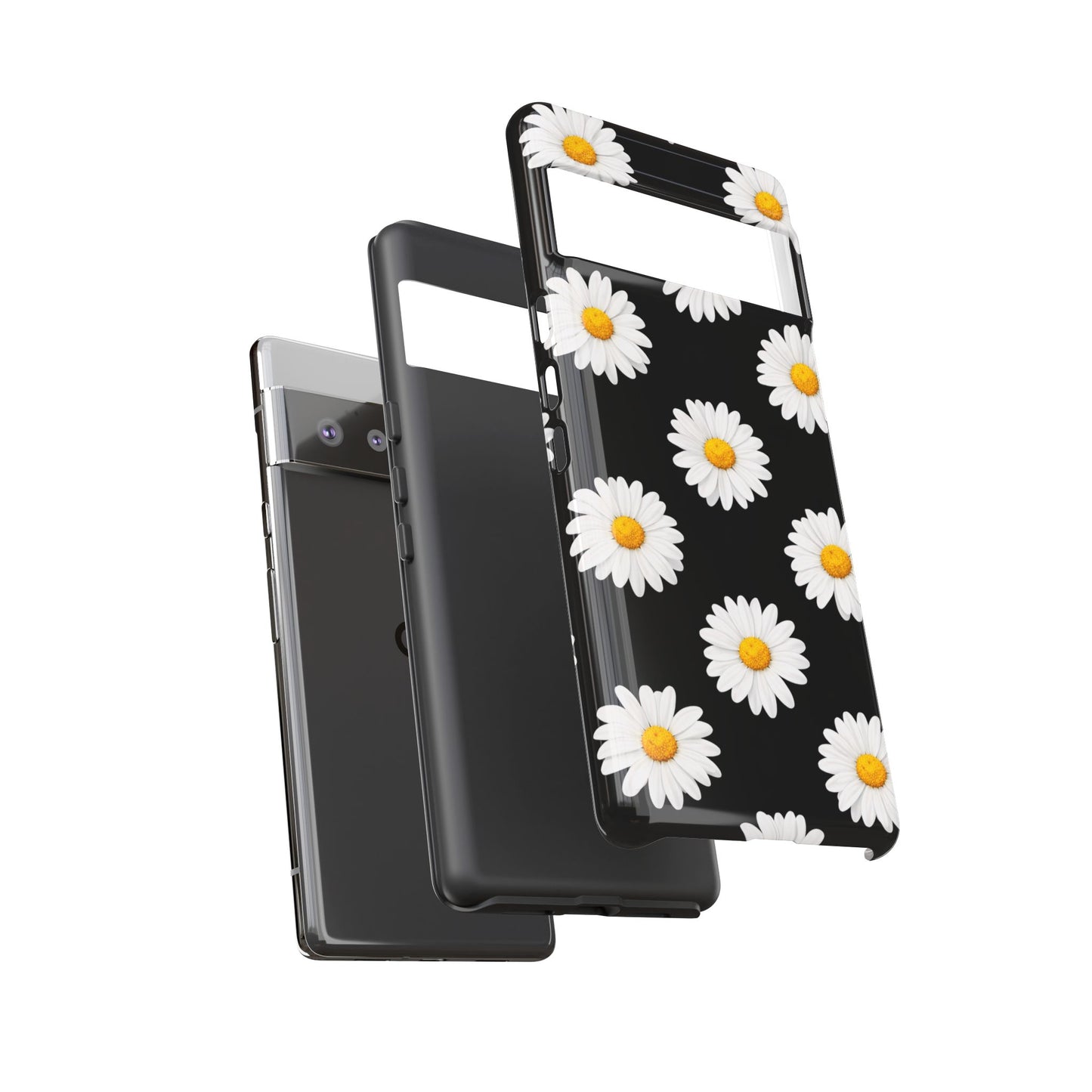 Black Daisy Floral Tough Phone Case – Cute Protective Cover for Iphone, Samsung Galaxy and Pixel