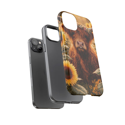 Highland Cow Sunflower Phone Case | Floral Farmhouse iPhone, Samsung Galaxy and Pixel Cover