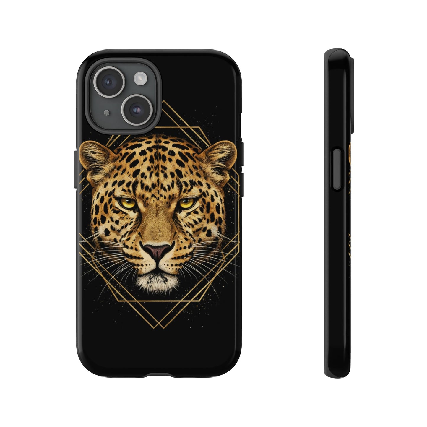 Leopard Head Geometric Phone Case – Black & Gold Luxe Tough Case