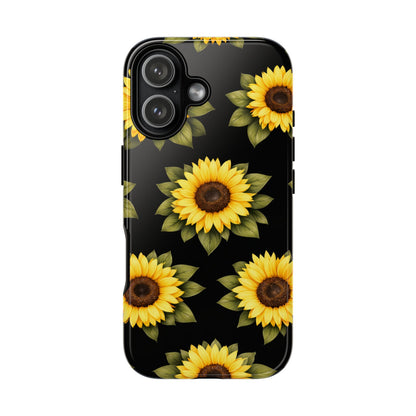 Sunflower Floral Tough Phone Case – Black Background Protective Cover for Iphone, Samsung Galaxy and Pixel