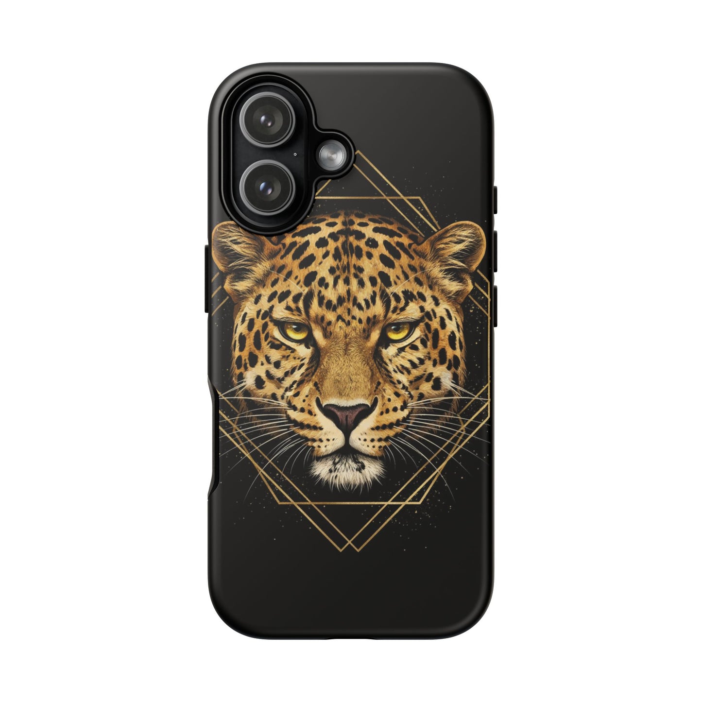 Leopard Head Geometric Phone Case – Black & Gold Luxe Tough Case