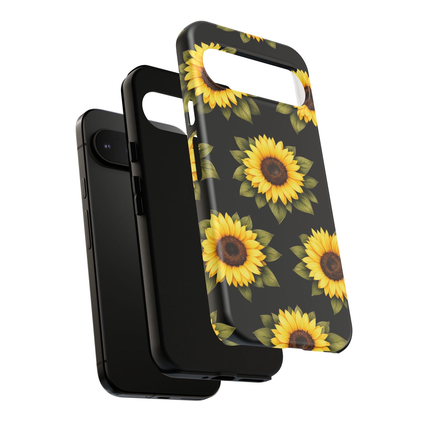Sunflower Floral Tough Phone Case – Black Background Protective Cover for Iphone, Samsung Galaxy and Pixel