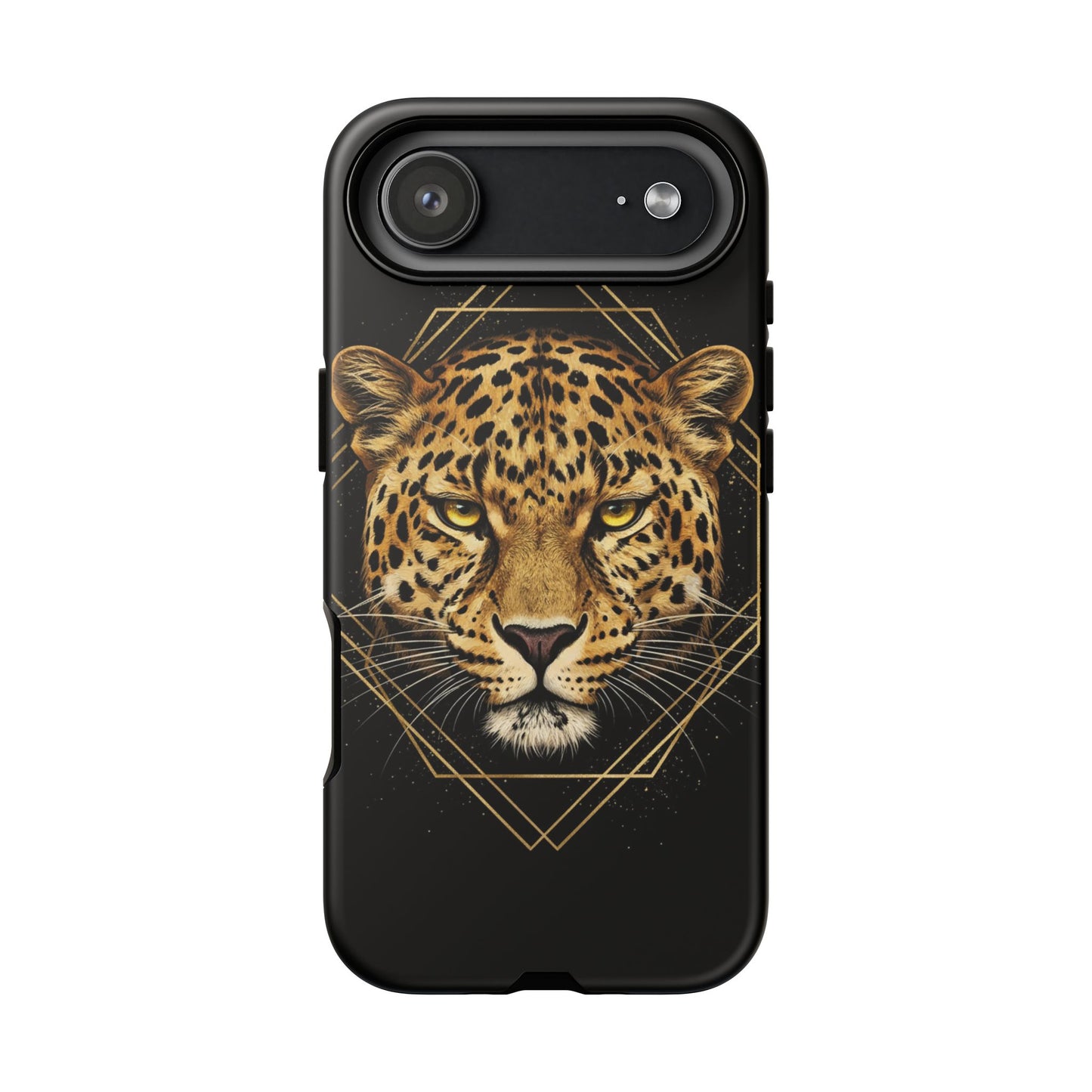 Leopard Head Geometric Phone Case – Black & Gold Luxe Tough Case