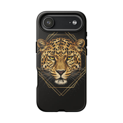 Leopard Head Geometric Phone Case – Black & Gold Luxe Tough Case