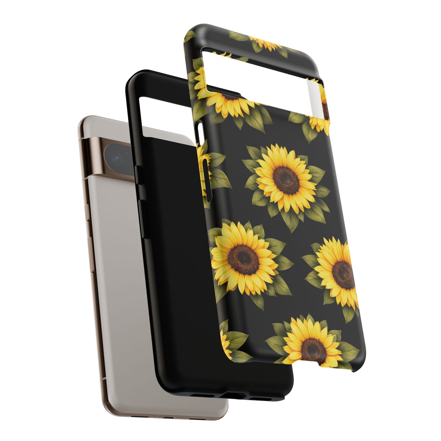Sunflower Floral Tough Phone Case – Black Background Protective Cover for Iphone, Samsung Galaxy and Pixel