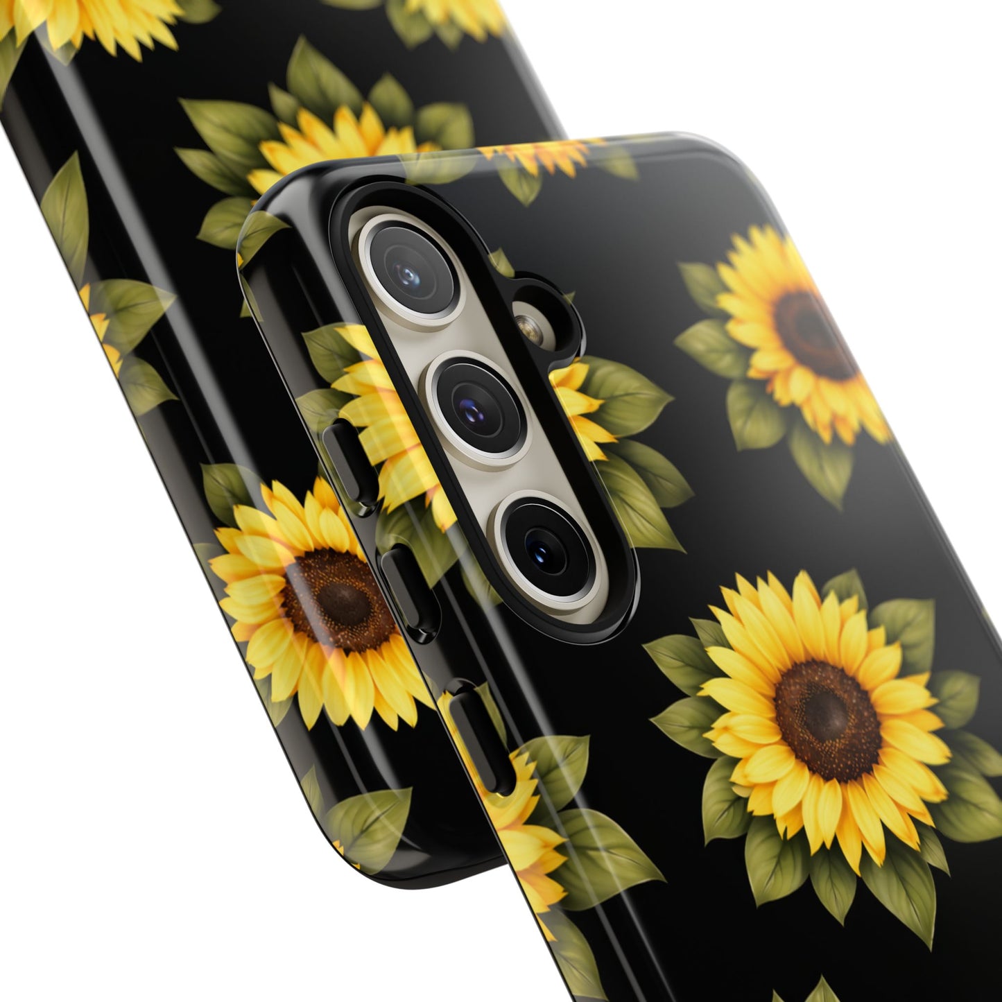 Sunflower Floral Tough Phone Case – Black Background Protective Cover for Iphone, Samsung Galaxy and Pixel