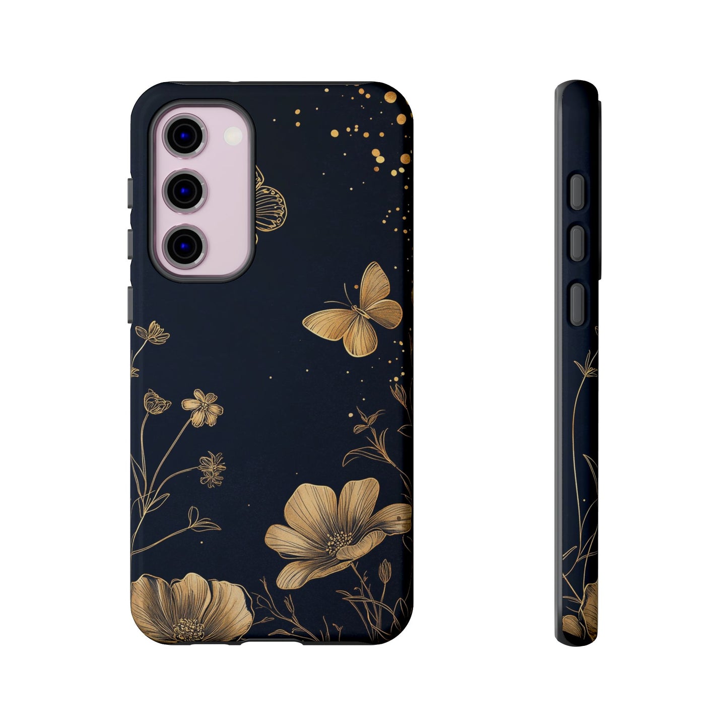 Gold Floral Butterfly Phone Case, Dark Aesthetic Botanical, Elegant Black Luxury iPhone Samsung Cover
